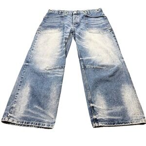 Flamingals Wide-Leg Blue Grommet Waist Patch Pocket Industrial Jeans 2XL